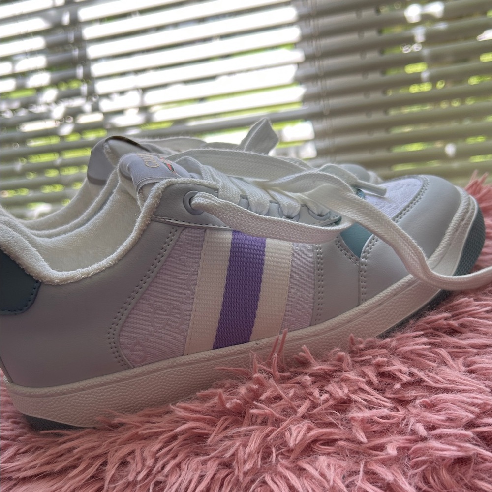 White and Purple Striped Sneakers